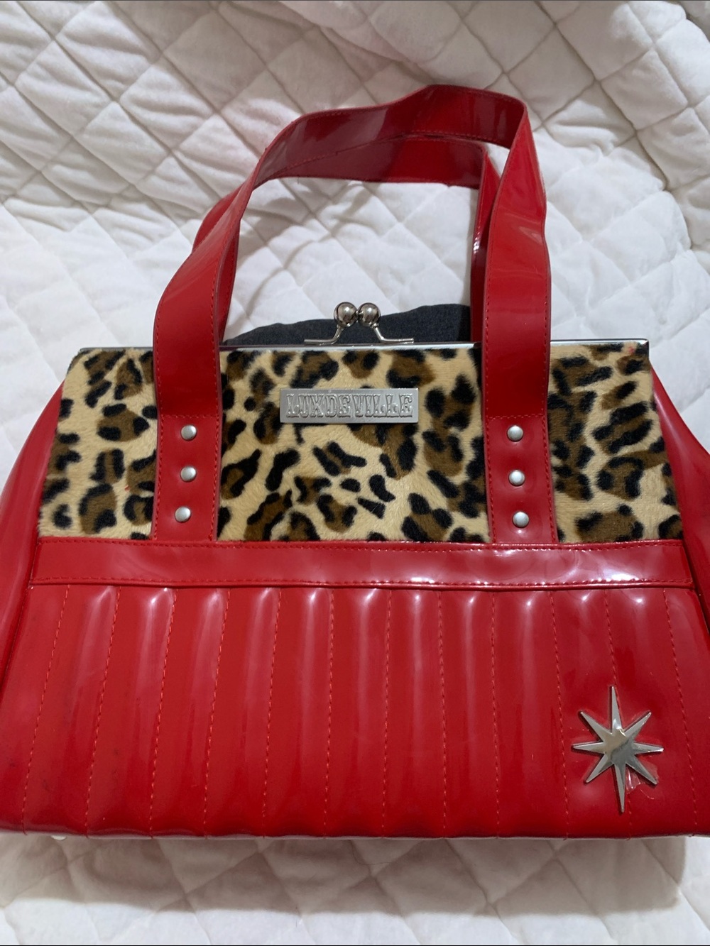 Lux de Ville Red Patent Tote with Leopard Accent